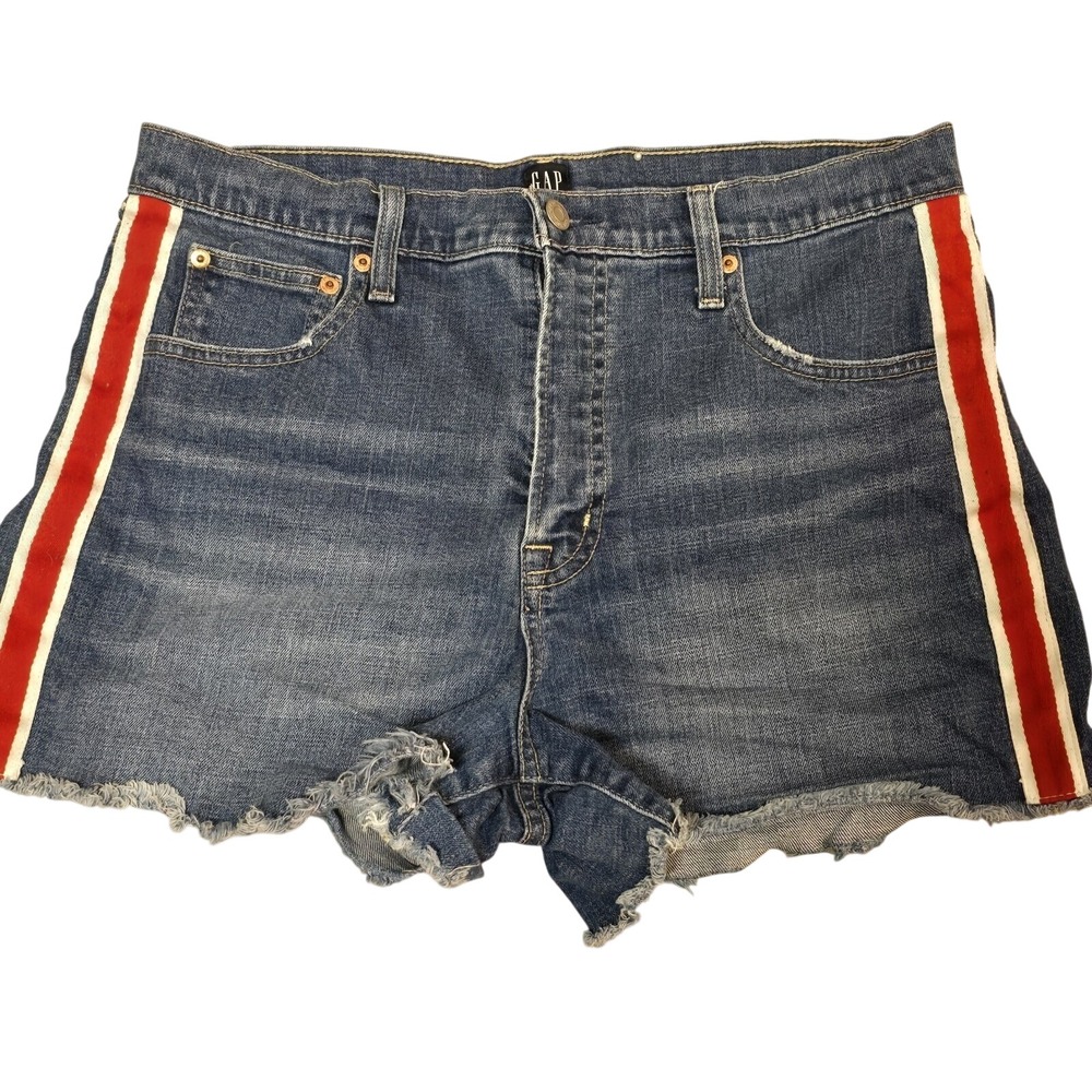 GAP Womens Size 31 High Rise Denim Shorts Blue Red White Side Trim Stripe Summer